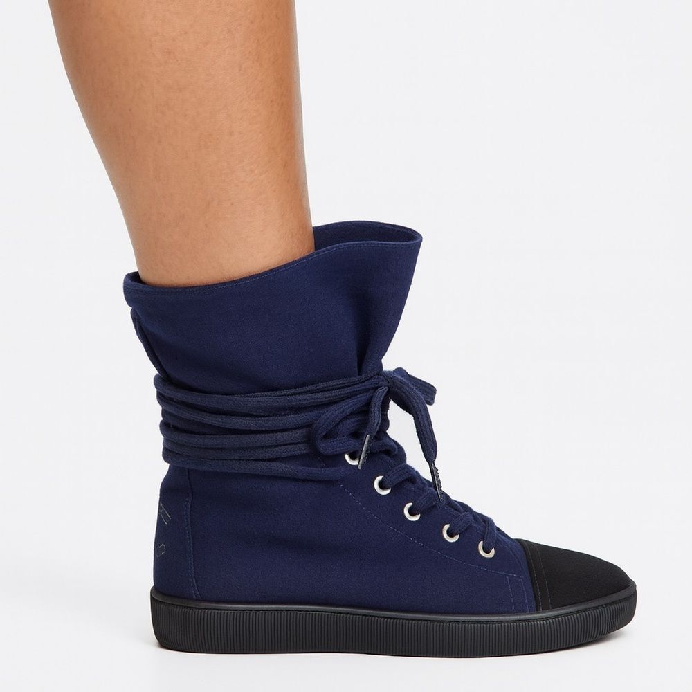 CHANEL Indigo Suede CC Logo Lace-Up Black Cap Toe Sneaker Boots Size EU37